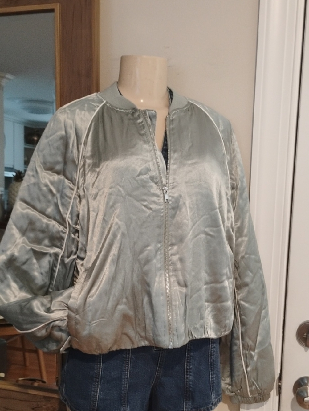 all in motion Sage Green Satin Bomber Jacket - Women